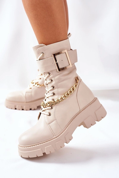 Beżowe Workery Botki z Łańcuchem Klamra Tanaros