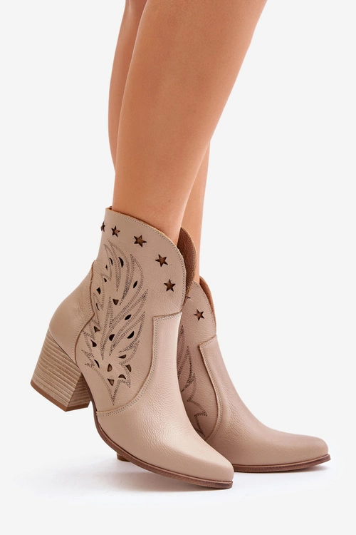 Ażurowe Botki Kowbojki Skórzane Na Słupku Lewski 3613 Beżowe