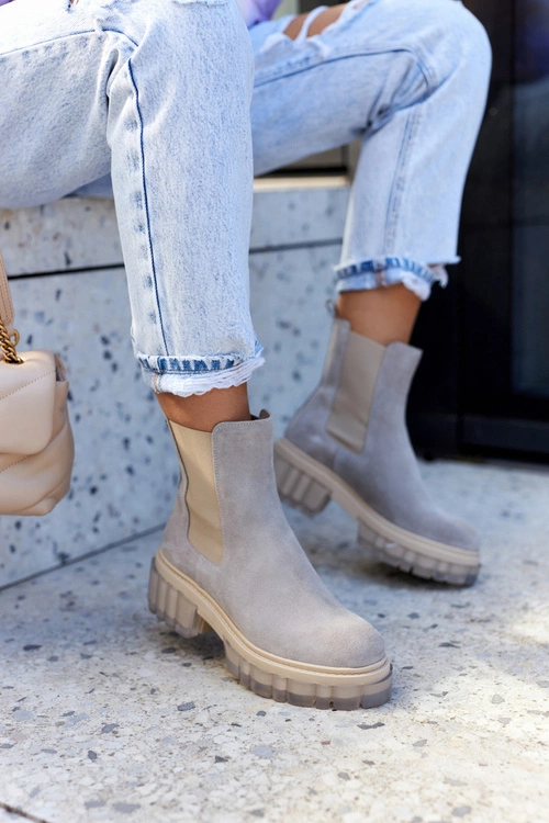 Zamszowe Damskie Botki Workery Jasnoszare Kennel