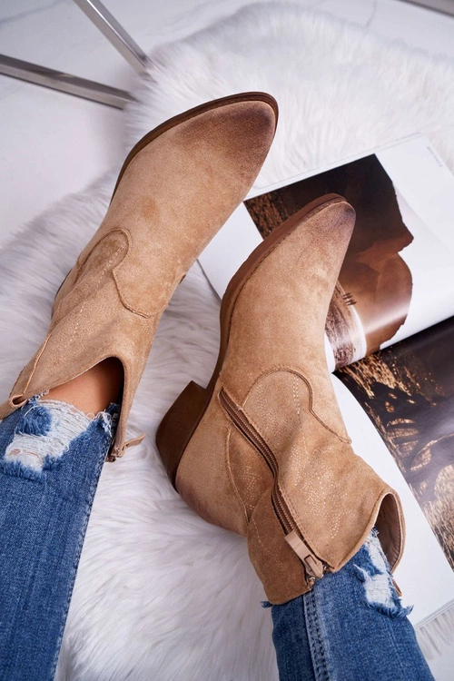 Damskie Botki Kowbojki Zamszowe Beżowe Ferders