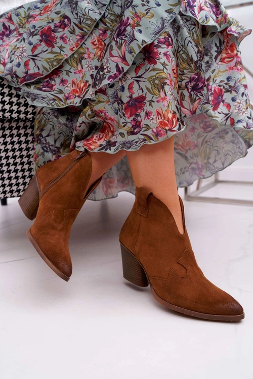 Botki Damskie Brązowe Skórzane na Obcasie Chavai