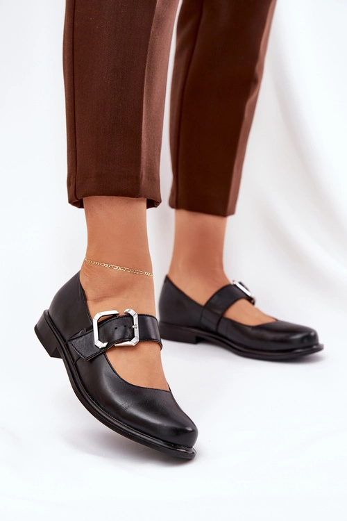 Skórzane Półbuty Damskie Z Klamrą Laura Messi 2980 Czarne