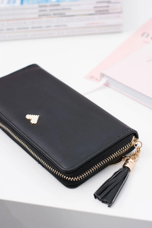 Czarny Damski Duży Portfel Brelok Złote Serce