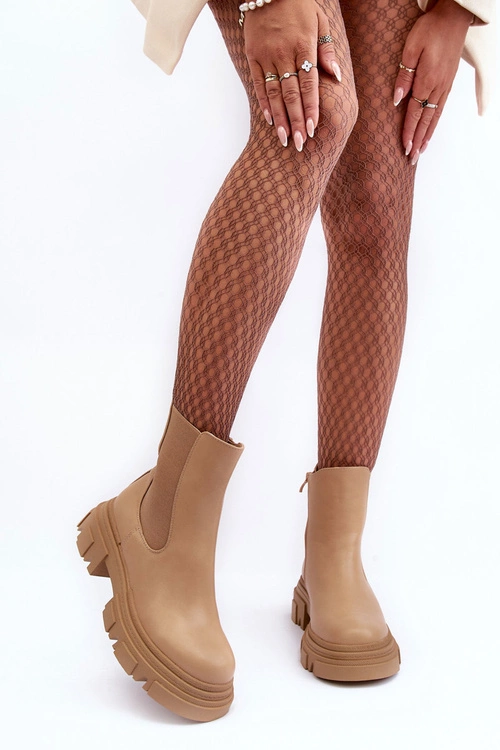 Skórzane Botki Sztyblety Na Płaskim Obcasie i Platformie Beżowe Solita