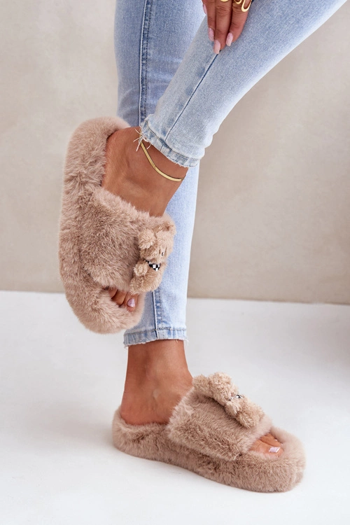 Futrzane Kapcie Damskie Z Misiem Beżowe Romania