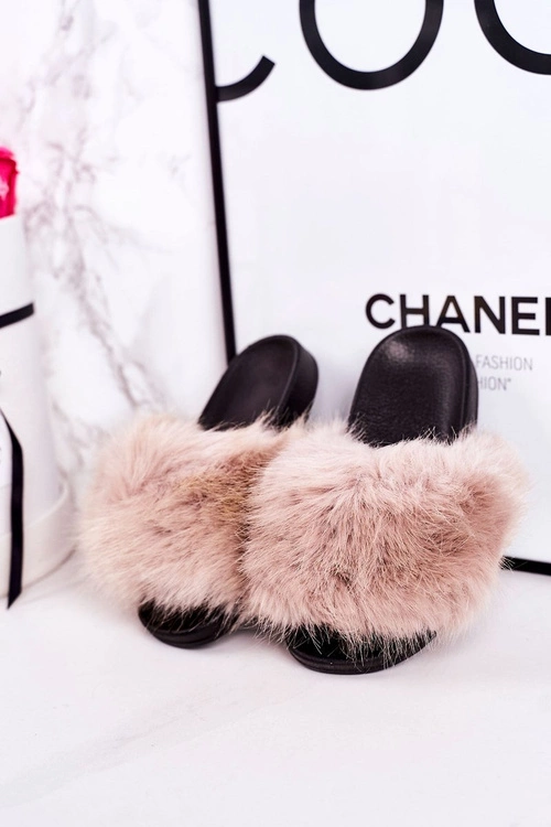 Dziecięce Klapki Z Futerkiem Beżowe Fashionista