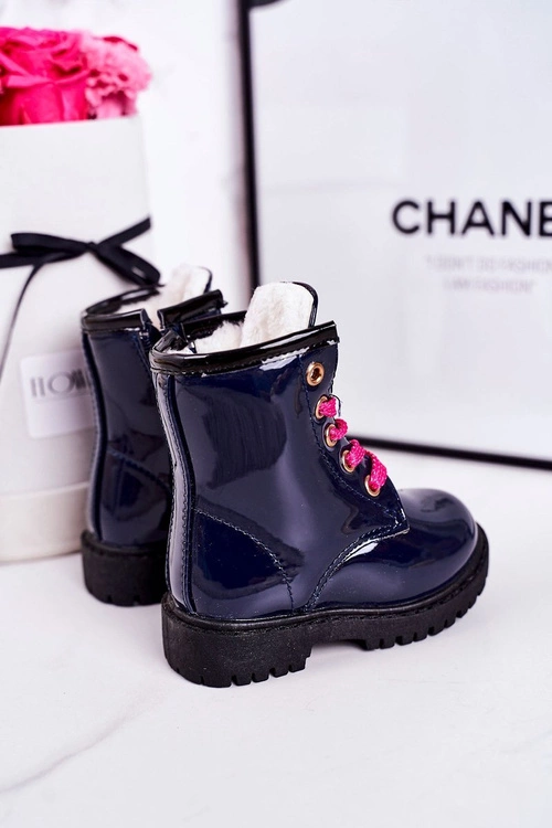 Dziecięce Botki Ocieplone Futerkiem Lakierowane Granatowe Pinkie
