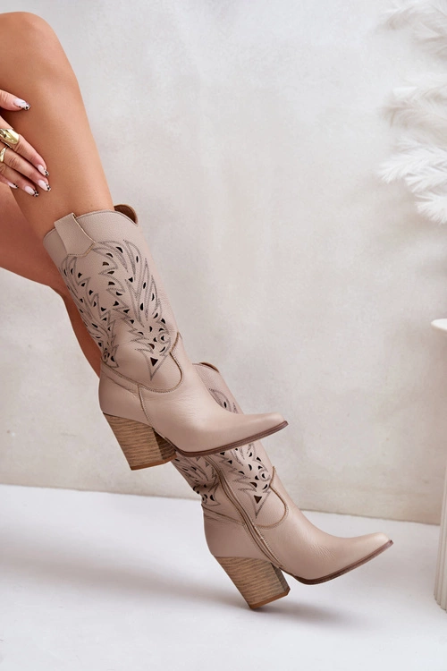 Ażurowe Kozaki Do Połowy Łydki Na Słupku Skórzane Lewski 3609 Beżowe