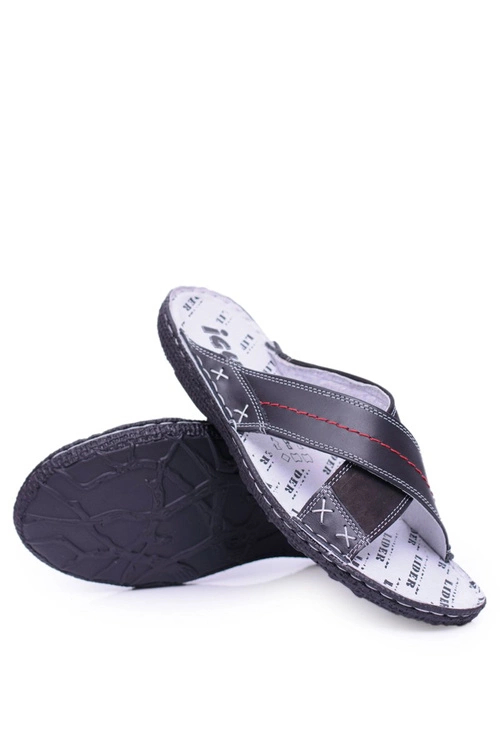 Czarne Lekkie Skórzane Męskie Klapki Okay