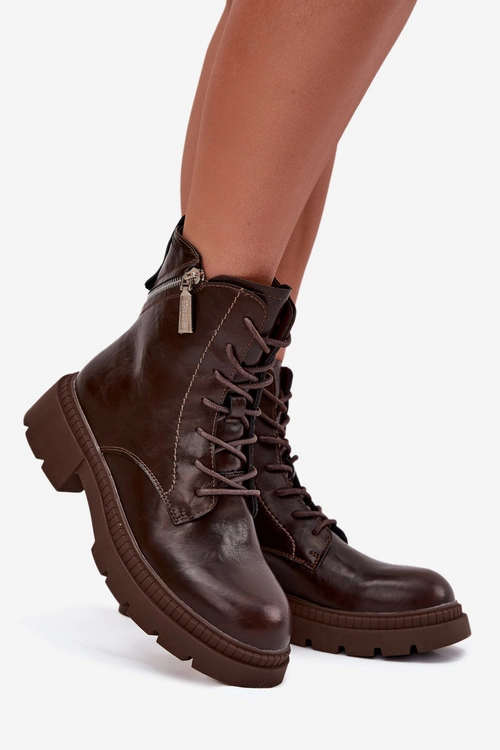 Skórzane Botki Workery Damskie Ocieplane Big Star SS274453 Brązowe