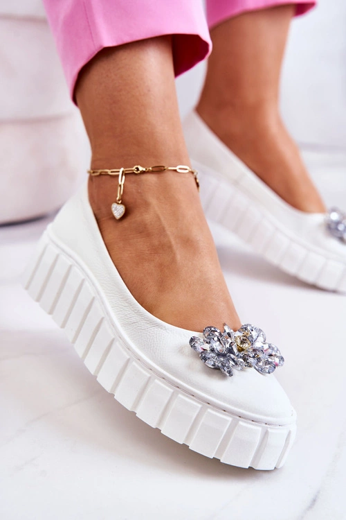 Skórzane Baleriny Na Platformie Z Ozdobą Białe Ladette