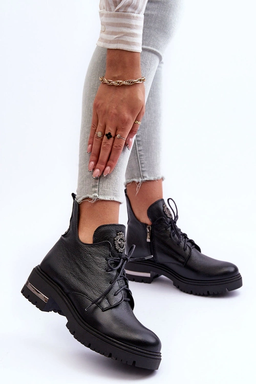 Zazoo 60309 Damskie Skórzane Botki Na Płaskim Obcasie Czarne