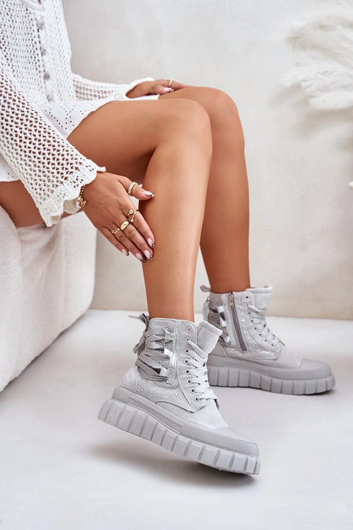 Wysokie Trampki Damskie Na Masywnej Platformie Ze Zdobieniem Szare Zaidria