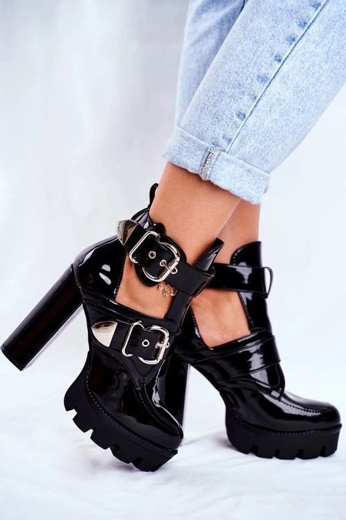Damskie Botki Na Słupku Lakierowane Czarne Rock Time!