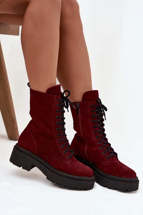 Botki Workery Damskie Z Naturalnego Zamsz Ocieplane Zazoo 4213 Bordowe