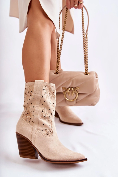 Modne Zamszowe Botki Kowbojki W Kwiaty Beżowe Coralie