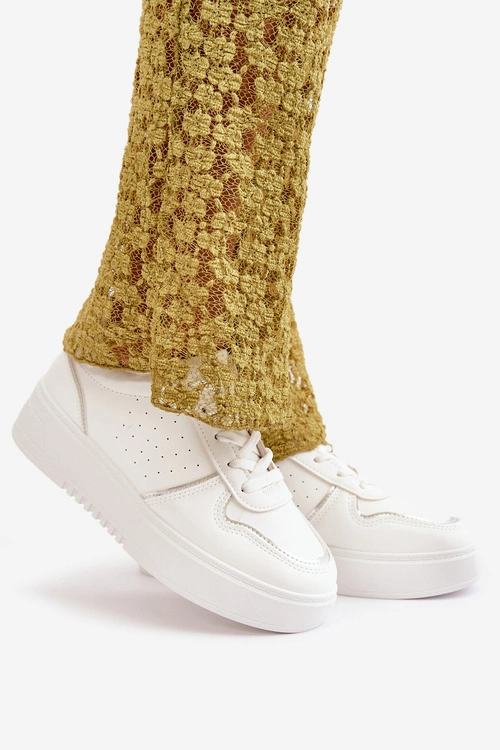Sneakersy Damskie Na Platformie Z Ozdobnym Sznurowaniem Białe Mistra
