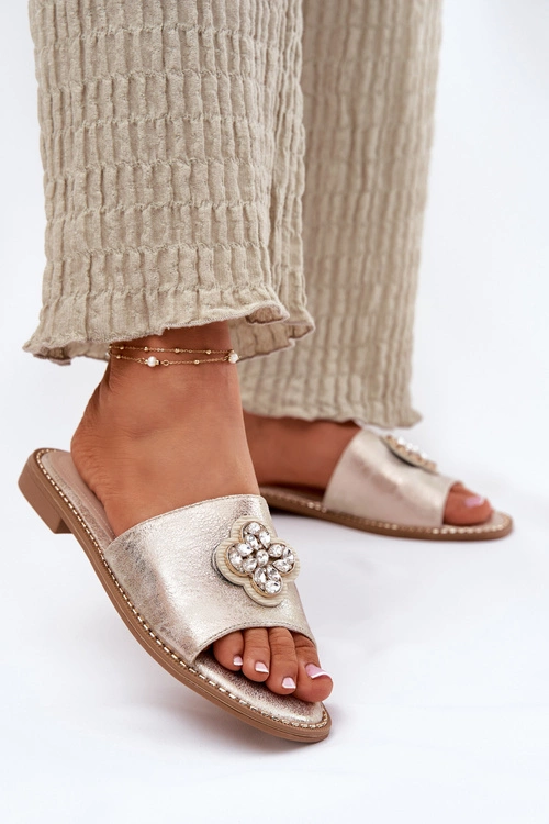 Klapki Damskie Na Płaskim Obcasie Z Ozdobnym Detalem S.Barski KV51-087 Złote