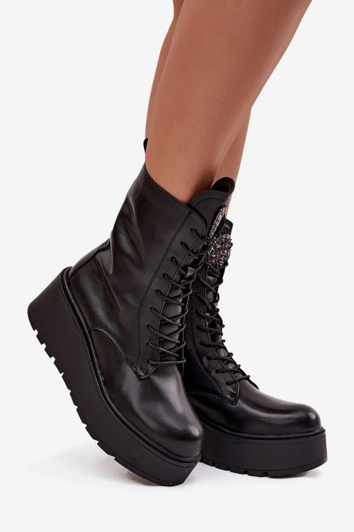 Skórzane Botki Damskie Z Ozdobą Ocieplane Czarne Ulrika