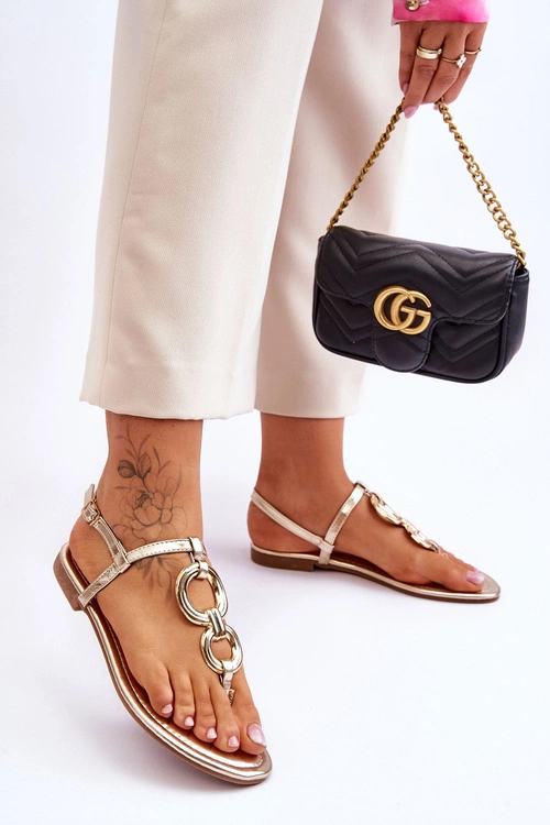 Skórzane Sandały Japonki Na Płaskim Obcasie Złote Keep Going