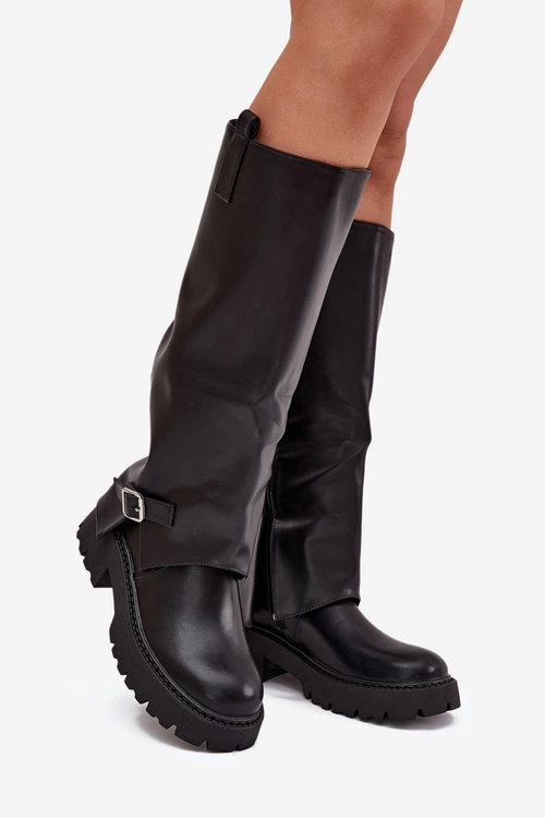 Ocieplane Kozaki Z Wywiniętą Cholewką I Klamrą Czarne Fiorae