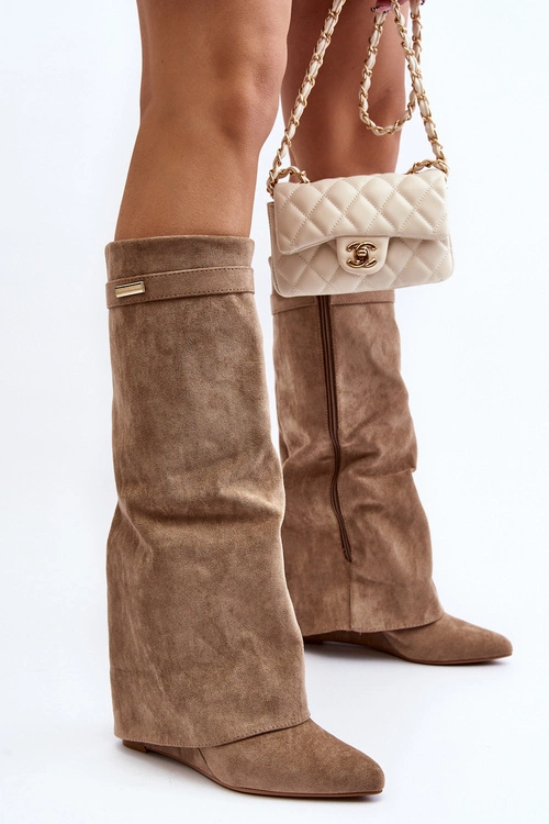 Kozaki Damskie Na Ukrytym Koturnie Beżowe Pattia