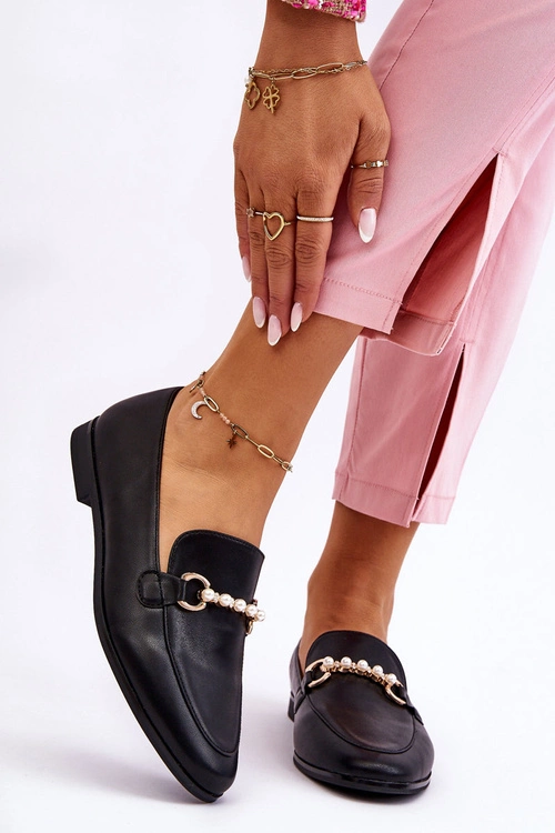 Damskie Skórzane Mokasyny Z Ozdobnymi Perełkami Czarne Ishan