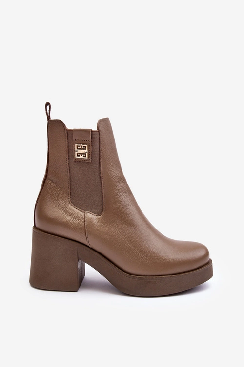 Skórzane Damskie Botki Na Obcasie Lemar Brązowe Kodra