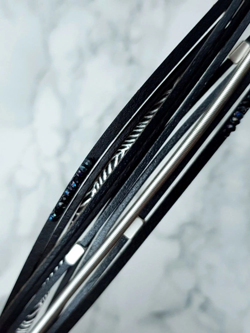 Damska Bransoleta Rzemień Szeroka Czarna Kryształki Michiko