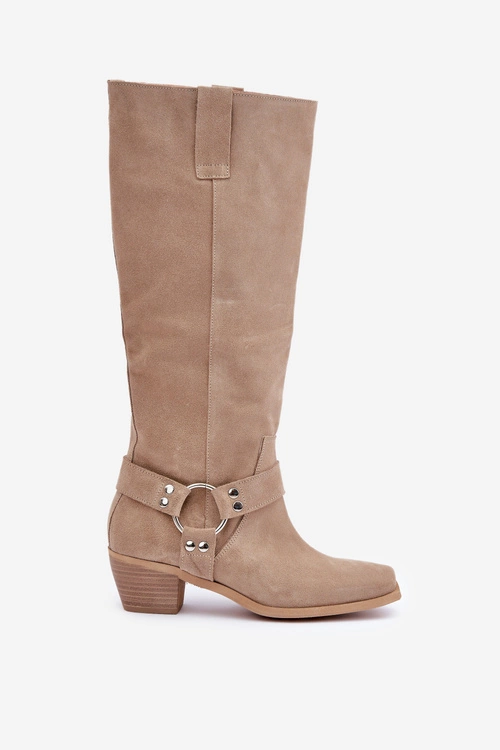 Zamszowe Kozaki Na Niskim Obcasie Z Cholewką Przed Kolano Zazoo 3444/O Jasnobeżowe