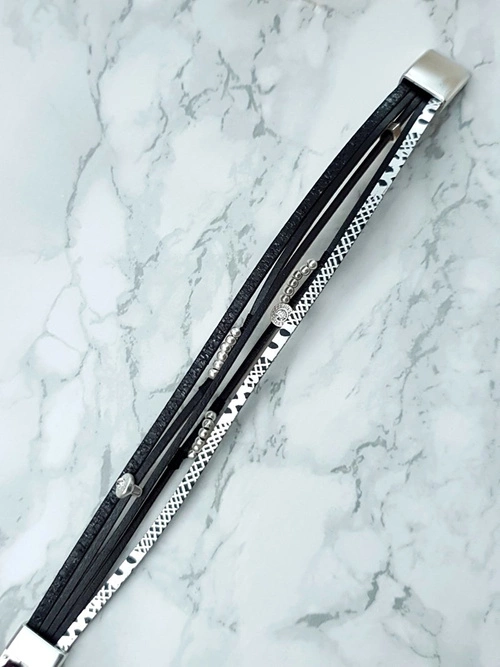 Damska Bransoleta Rzemień Czarna Koraliki Michiko