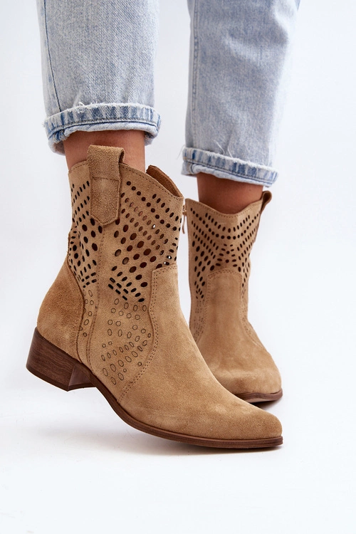 Zazoo 3305/2 Damskie Ażurowe Botki Kowbojki Na Niskim Obcasie Zamszowe Beżowe