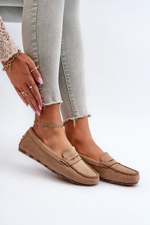 Klasyczne Mokasyny Damskie Zamszowe Ciemnobeżowe Glimris