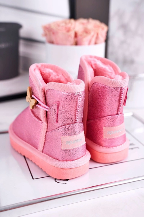 Ocieplane dziecięce botki śniegowce z motylkiem różowe Cosmic