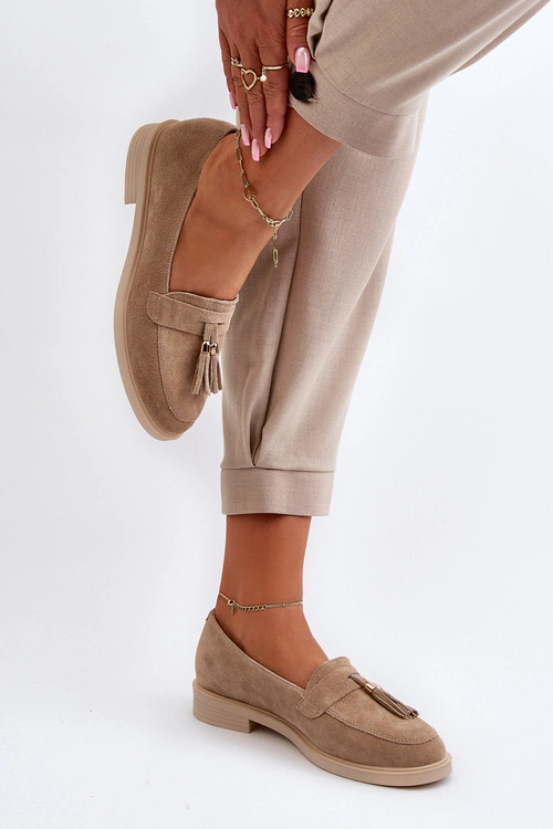 Zazoo 3420 Zamszowe Mokasyny Damskie Na Płaskim Obcasie Beżowe