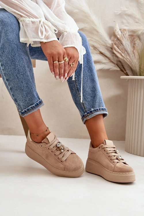 Sneakersy Damskie Na Platformie Z Misiem Beżowe Vailina