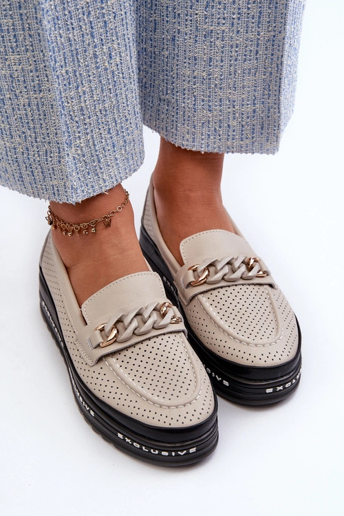 Mokasyny Damskie Skórzane Na Platformie Z Łańcuchem S.Barski LR618 Beżowe