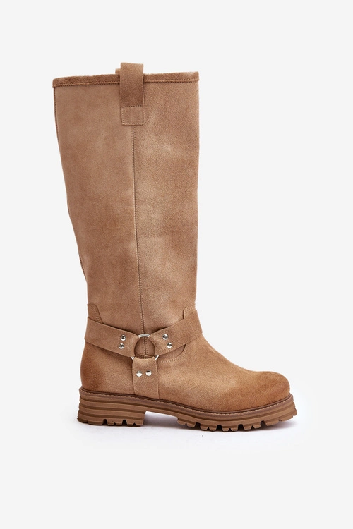 Zamszowe Kozaki Damskie Przed Kolano Lewski 3615 Beżowe