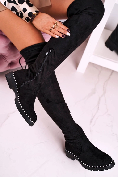 Kozaki Za Kolano Z Perełkami Zamszowe Czarne Isabel