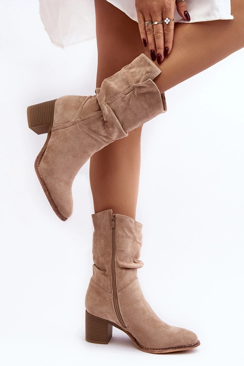 Botki Damskie Ocieplane Z Marszczoną Cholewką Na Słupku Beżowe Shavy