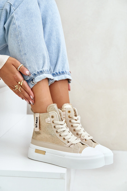 Damskie Wysokie Trampki Na Platformie Beżowo-Złote Averira