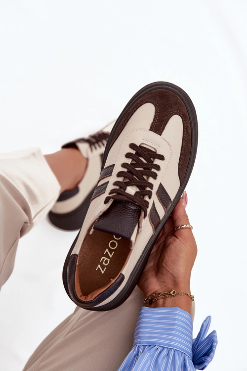 Skórzane Sneakersy Damskie Na Platformie Zazoo 3775 Beżowo-Czekoladowe