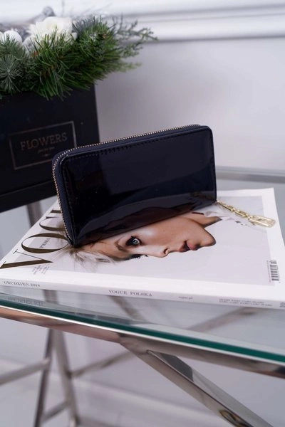 Portfel Damski Duży Granatowy Złoty Ozdobny Suwak