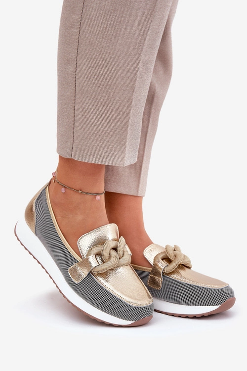 Skórzane Mokasyny Damskie Z Ozdobą D&A LR51-966 Złote