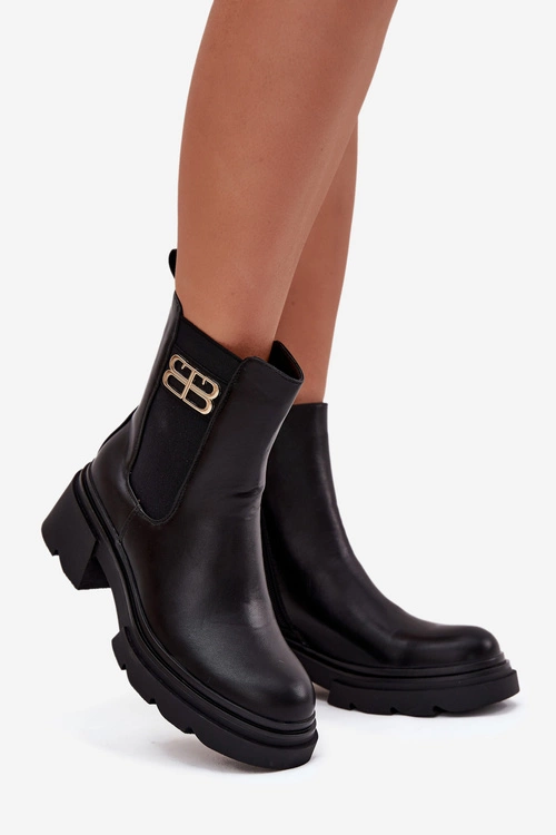 Botki Sztyblety Damskie Ze Złotym Detalem Ocieplane Czarne Serene