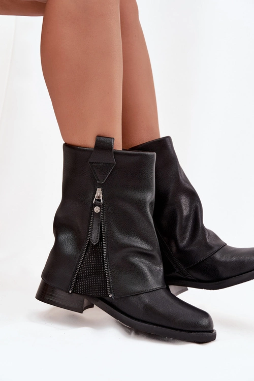 Skórzane Botki Damskie Z Wywiniętą Cholewką Na Klocku Maciejka K7213-01 Czarne