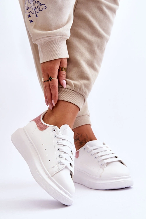 Damskie Buty Sportowe Na Platformie Brokatowe Biało-Różowe Eliso