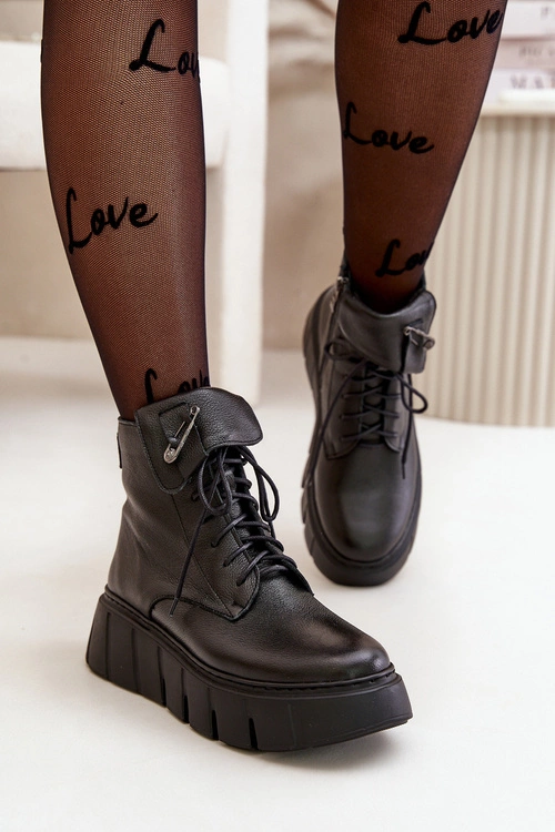 Zazoo 60511 Skórzane Botki Damskie Na Platformie Ocieplane Czarne