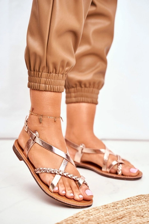 Damskie Płaskie Sandałki Rzemyk Różowe Złoto Laurence