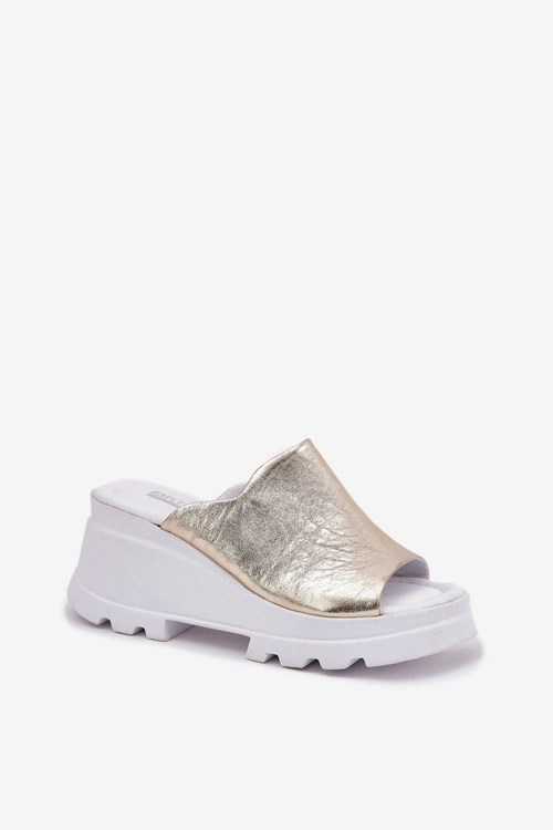 Skórzane Klapki Na Koturnie Artiker 56C0435 Złote